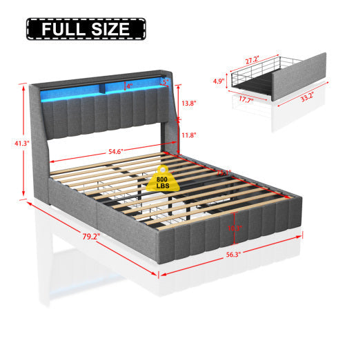 Full Size Bed Frame With LED, 4 Under-bed Portable Storage Drawers,