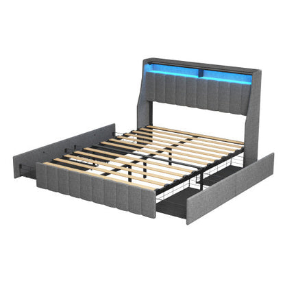 Full Size Bed Frame With LED, 4 Under-bed Portable Storage Drawers,