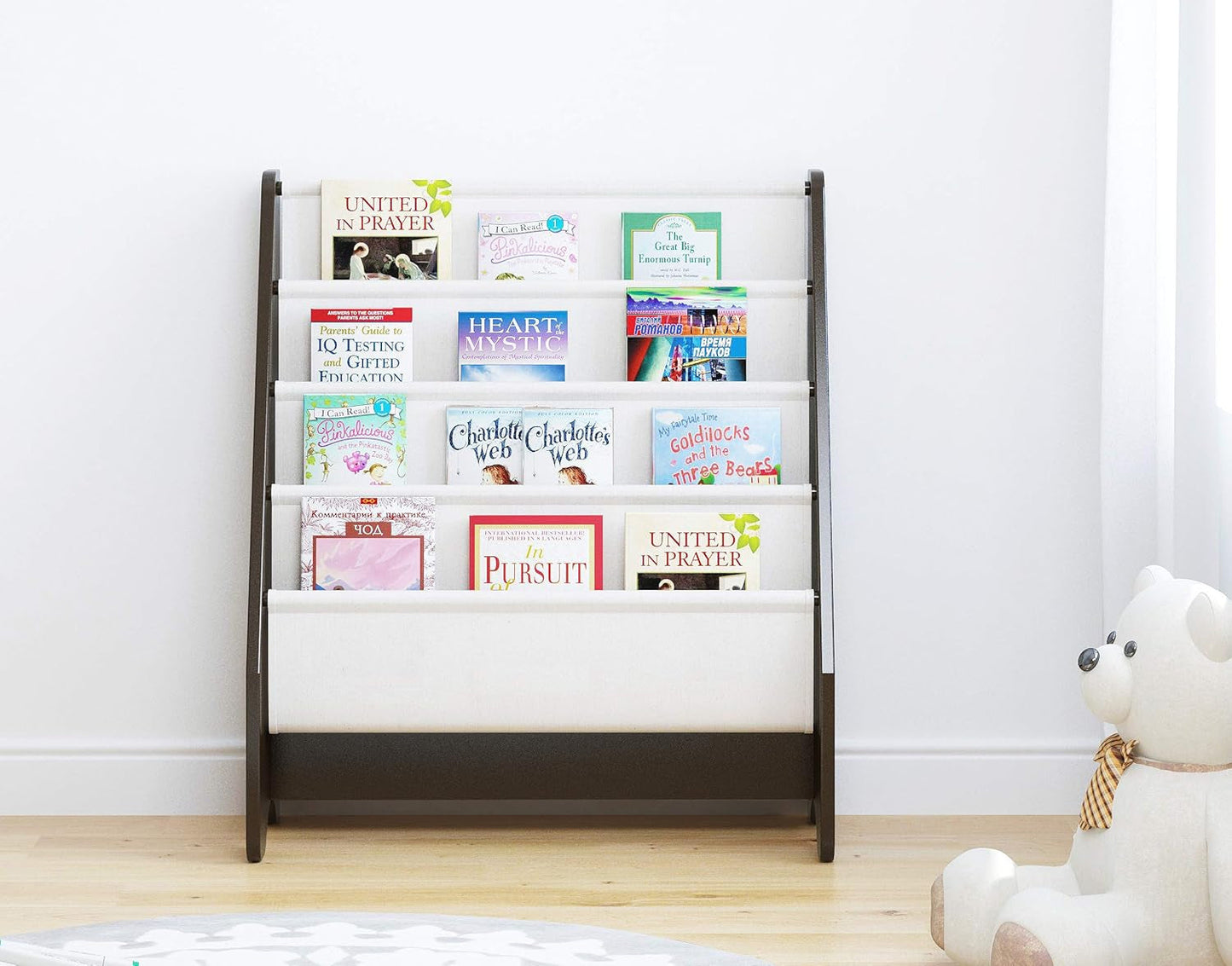 Kids Sling Bookshelf - Kids Magazine Rack with Organizer, Book