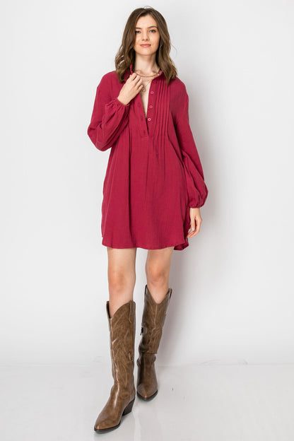 WOMAN'S LONG SLEEVE BUTTON DOWN CASUAL TUNIC DRESS WITH POCKETS