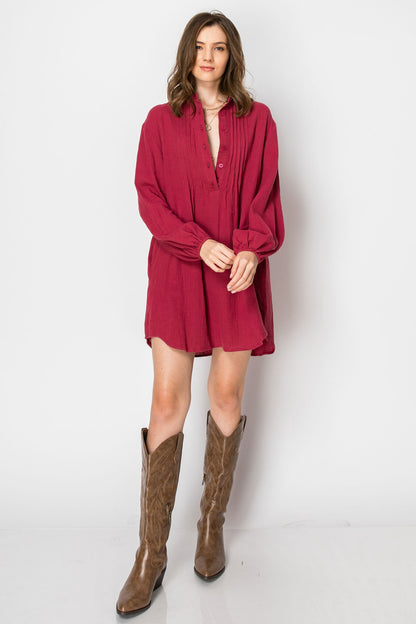 WOMAN'S LONG SLEEVE BUTTON DOWN CASUAL TUNIC DRESS WITH POCKETS