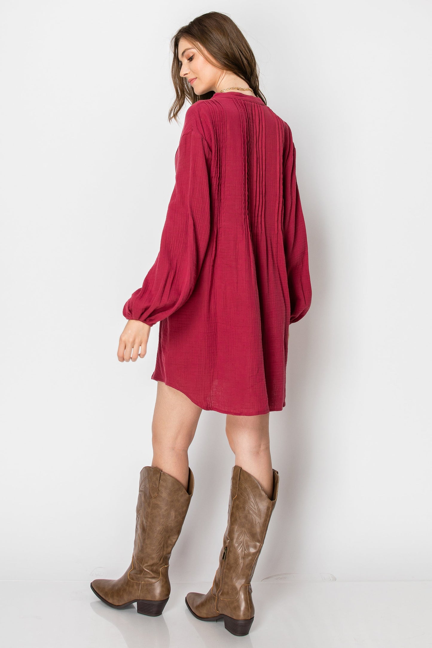 WOMAN'S LONG SLEEVE BUTTON DOWN CASUAL TUNIC DRESS WITH POCKETS