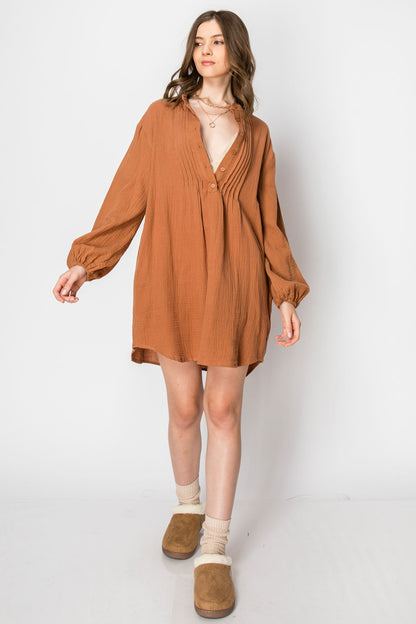 WOMAN'S LONG SLEEVE BUTTON DOWN CASUAL TUNIC DRESS WITH POCKETS