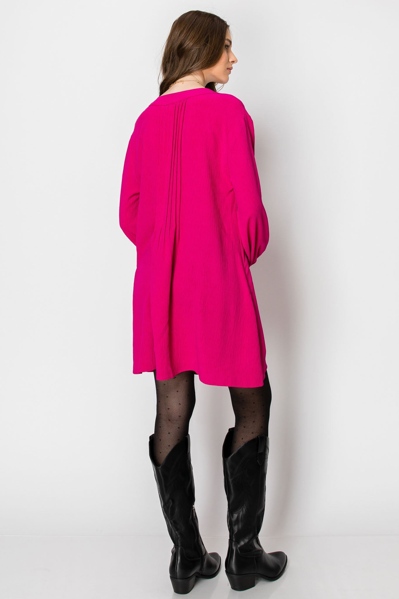 LONG SLEEVE PINTUCK A-LINE DRESS WITH FRONT TIE (Hot Pink)