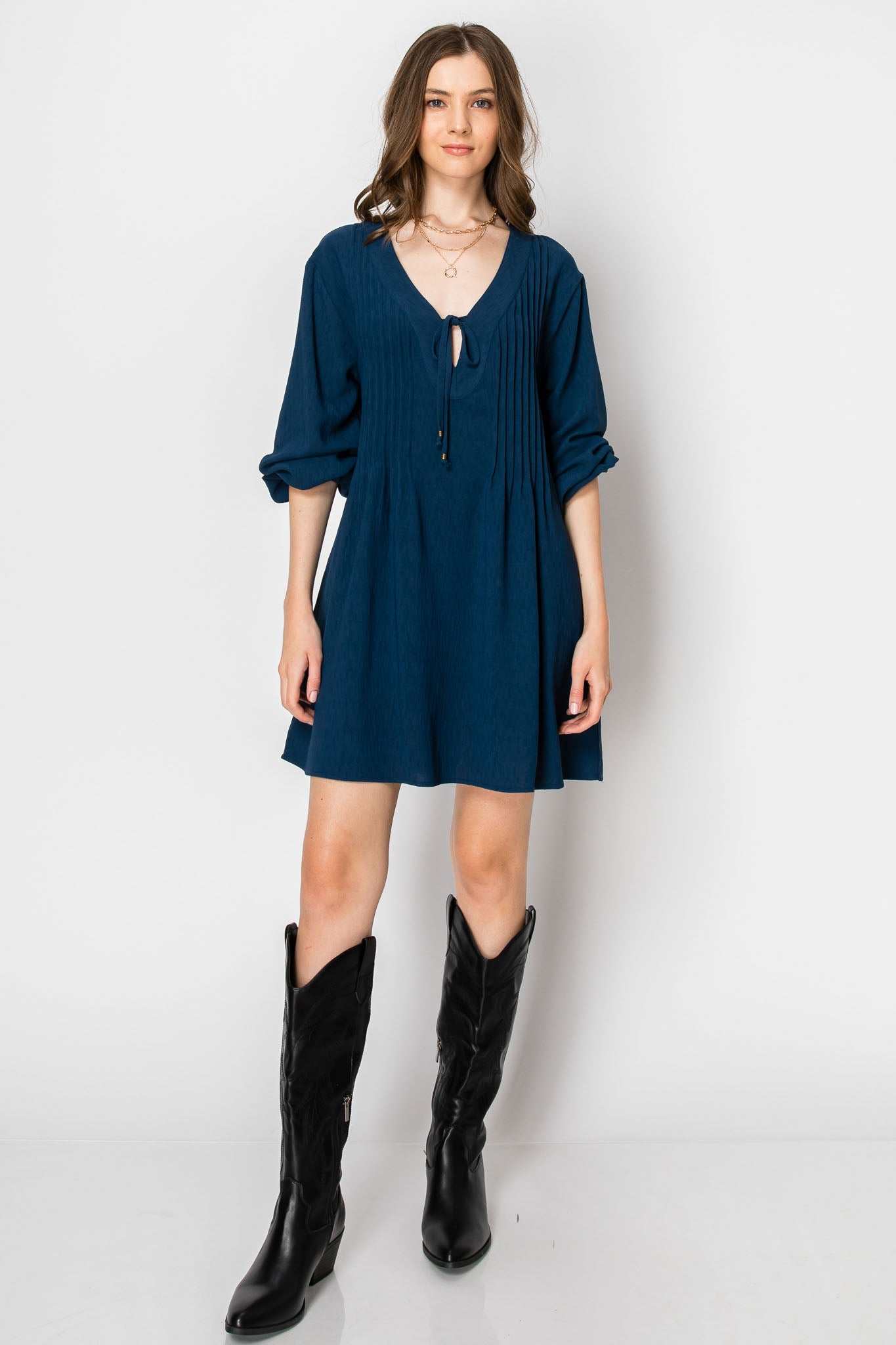 LONG SLEEVE PINTUCK A-LINE DRESS WITH FRONT TIE