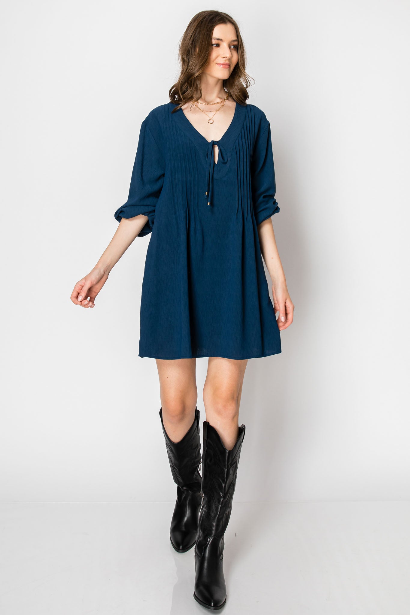 LONG SLEEVE PINTUCK A-LINE DRESS WITH FRONT TIE