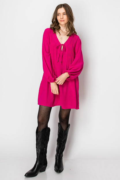 LONG SLEEVE PINTUCK A-LINE DRESS WITH FRONT TIE