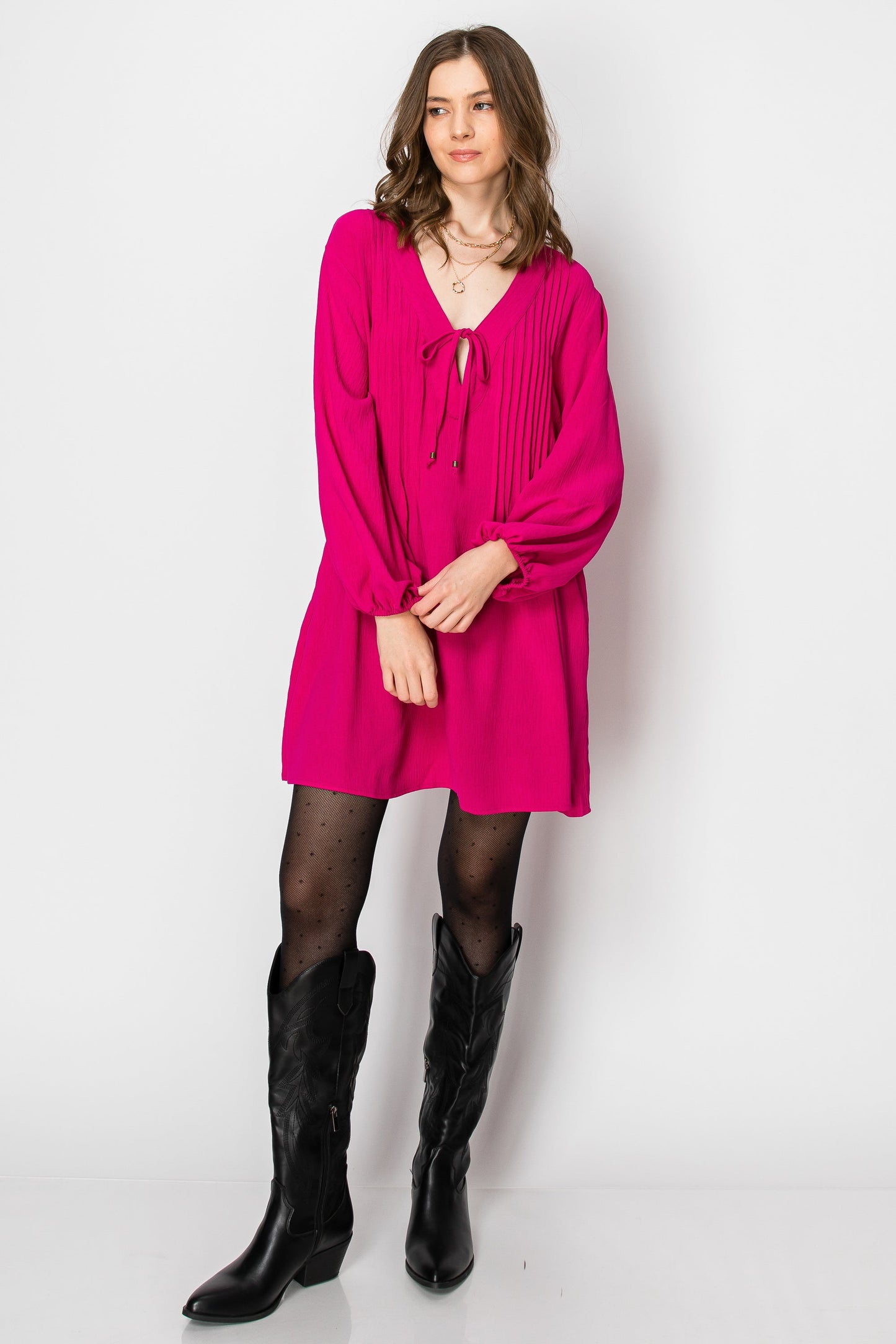 LONG SLEEVE PINTUCK A-LINE DRESS WITH FRONT TIE (Hot Pink)