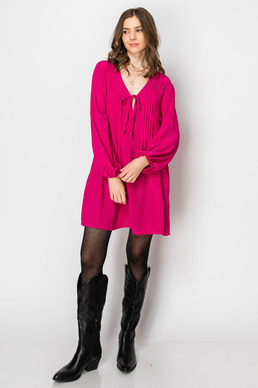 LONG SLEEVE PINTUCK A-LINE DRESS WITH FRONT TIE (Hot Pink)