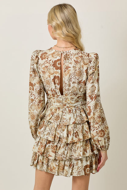 FLORAL PRINT RUFFLE LONG SLEEVE DRESS