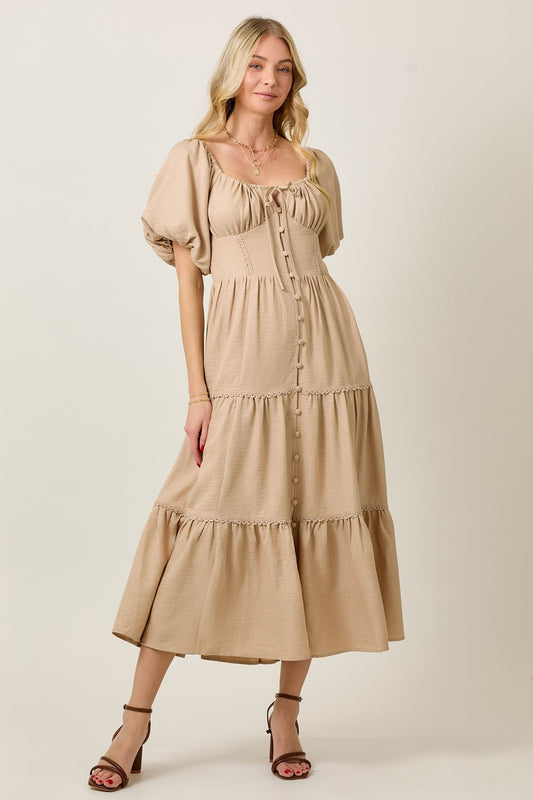 TIERED BUBBLE SLEEVE MIDI DRESS