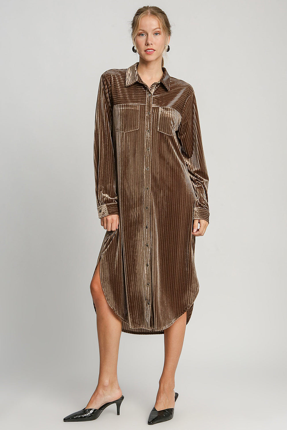 Umgee Button Down Shirt Dress with Texture and Curved Hem