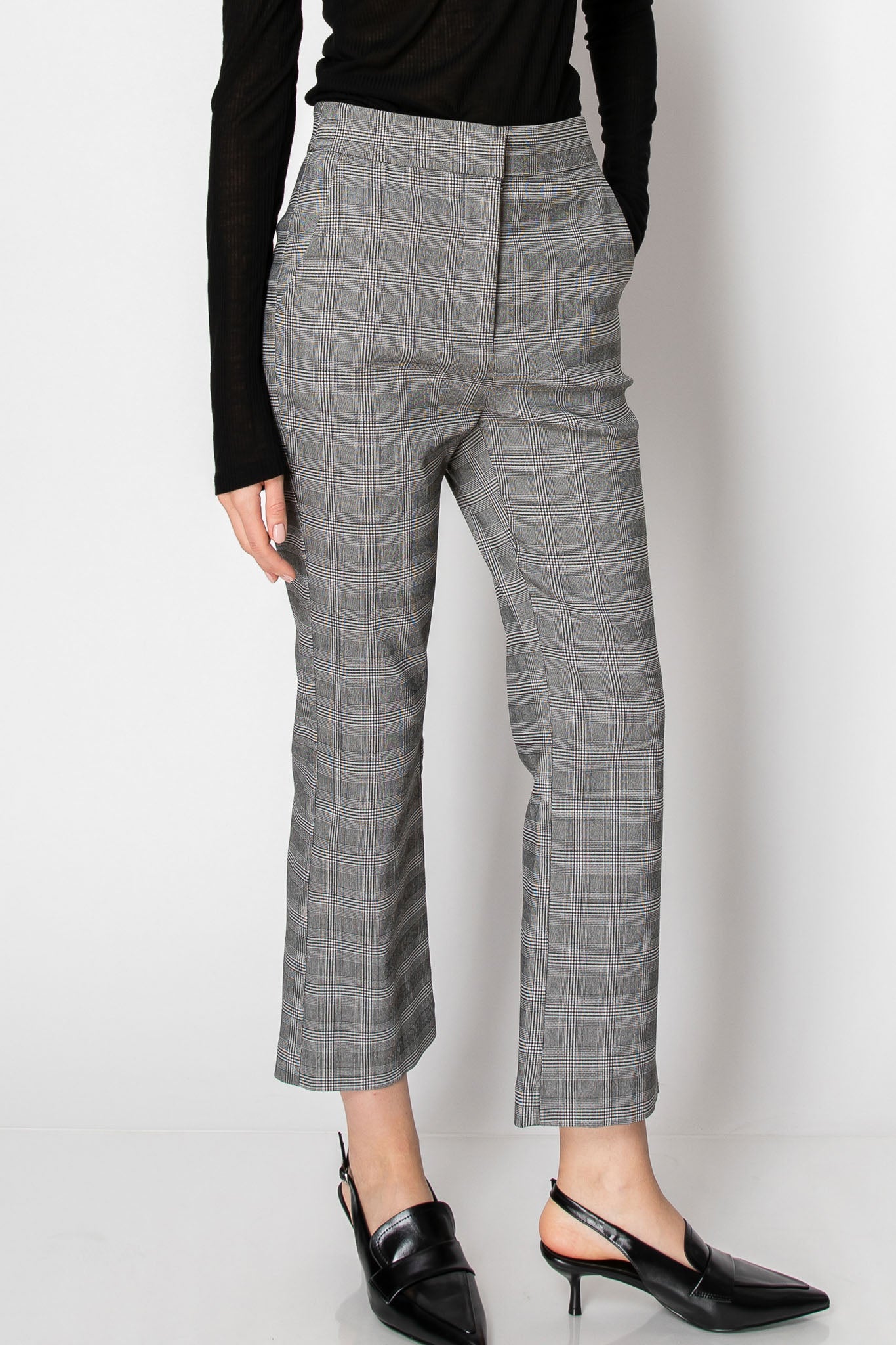 PLAID HIGH WAISTED ANKLE LENGTH FLARE OFFICE PANTS WITH POCKETS