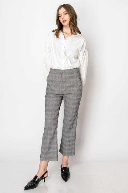 PLAID HIGH WAISTED ANKLE LENGTH FLARE OFFICE PANTS WITH POCKETS