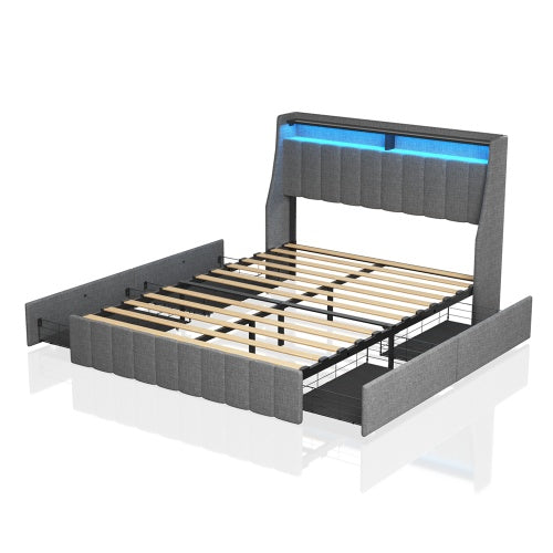 Full Size Bed Frame With LED, 4 Under-bed Portable Storage Drawers,