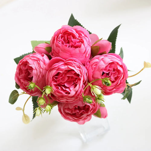 Artificial Flowers Peony Bouquet Silk Rose Vase for Home Decor Garden