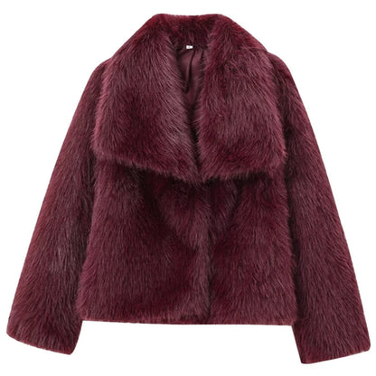 HXAO Women's Fur Coat Women 2024 Plush Burgundy Bomber Jacket Solid