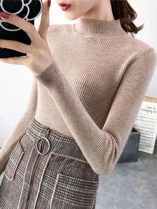 Autumn Winter Mock Neck Women Sweater Vintage Basic Solid Knitted Tops