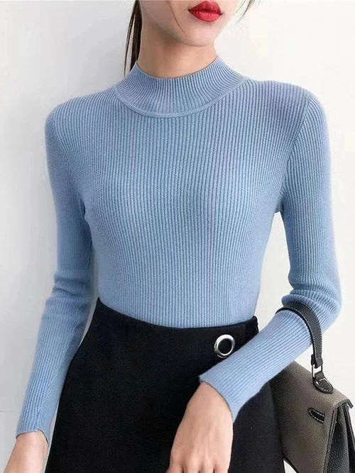 Autumn Winter Mock Neck Women Sweater Vintage Basic Solid Knitted Tops