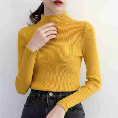 Autumn Winter Mock Neck Women Sweater Vintage Basic Solid Knitted Tops