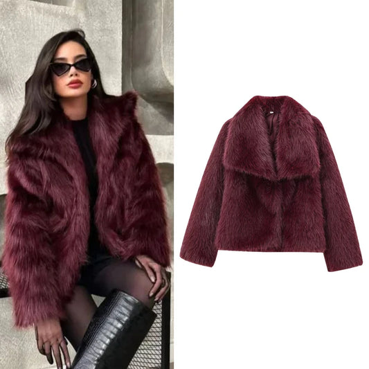 HXAO Women's Fur Coat Women 2024 Plush Burgundy Bomber Jacket Solid