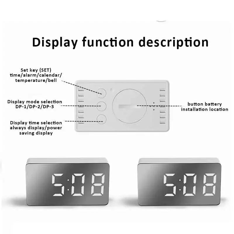 Portable Silent Mirror Clock Bedroom Electronic Digital Alarm Clock