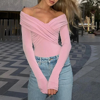 Sexy Off Shoulder Bodysuits Women Fashion Black Crossed Folds Skinny