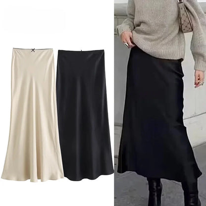 ASDS Black Satin Skirt Woman Bow Elegant Long Skirts For Women 2024