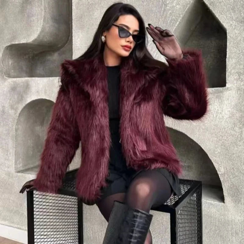 HXAO Women's Fur Coat Women 2024 Plush Burgundy Bomber Jacket Solid