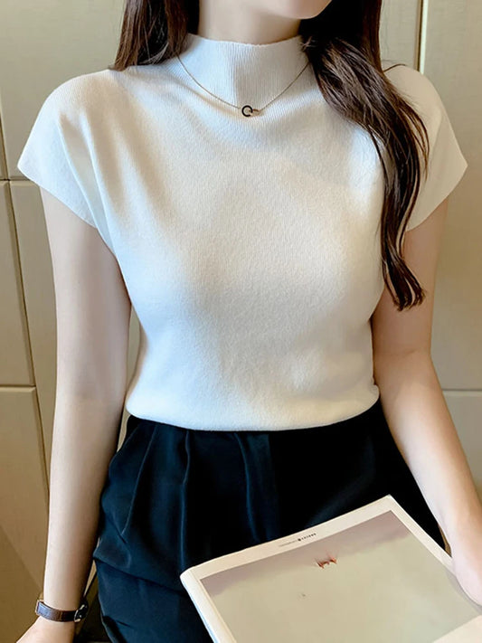 Women Summer Sexy Knitted Turtleneck Sleeveless T-Shirts Tops Solid