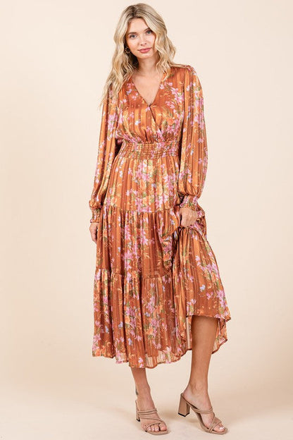 Mittoshop Flower Print Satin Lurex Stripe Smocked Midi Dress