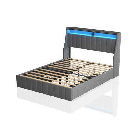 Full Size Bed Frame With LED, 4 Under-bed Portable Storage Drawers,