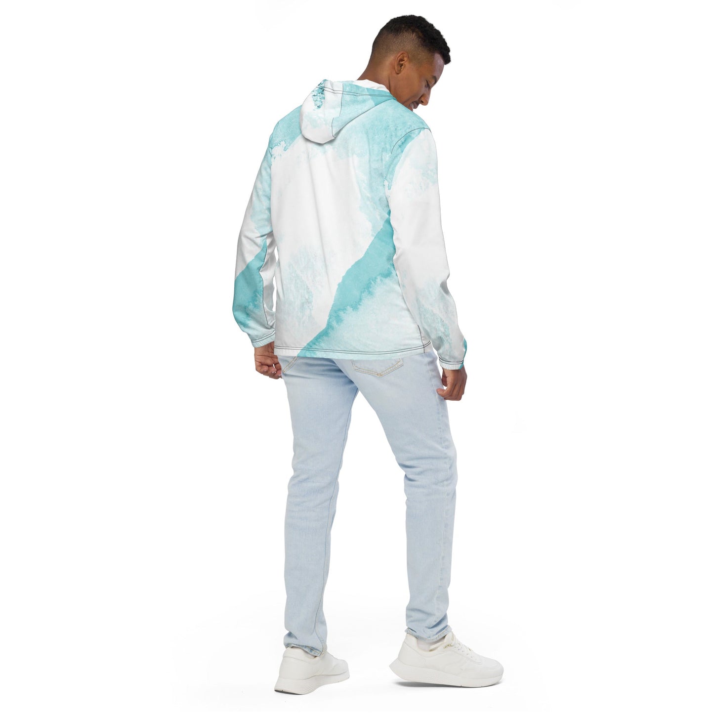 Mens Hooded Windbreaker Jacket - Subtle Abstract Ocean Blue and White