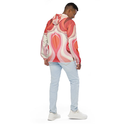 Mens Hooded Windbreaker Jacket - Pink White Boho Swirl Lines