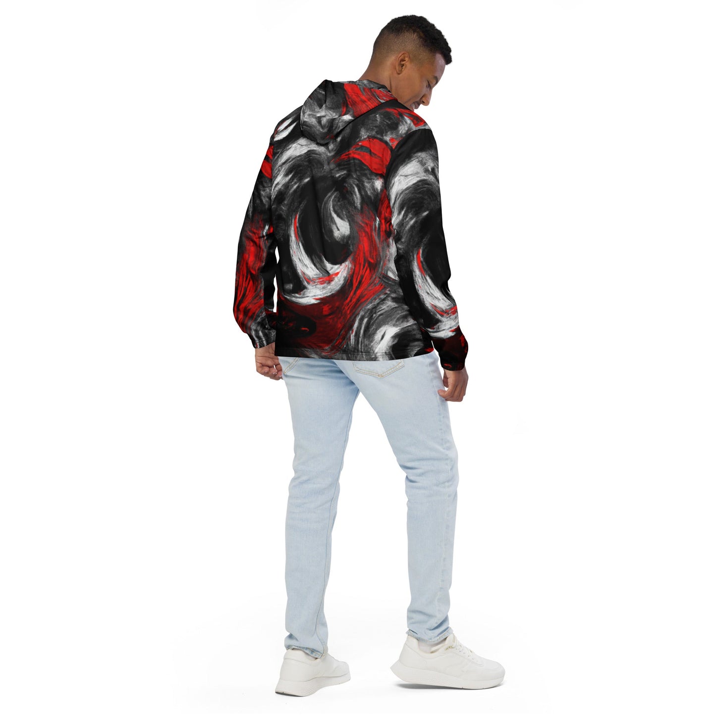 Mens Hooded Windbreaker Jacket - Decorative Black Red White Abstract