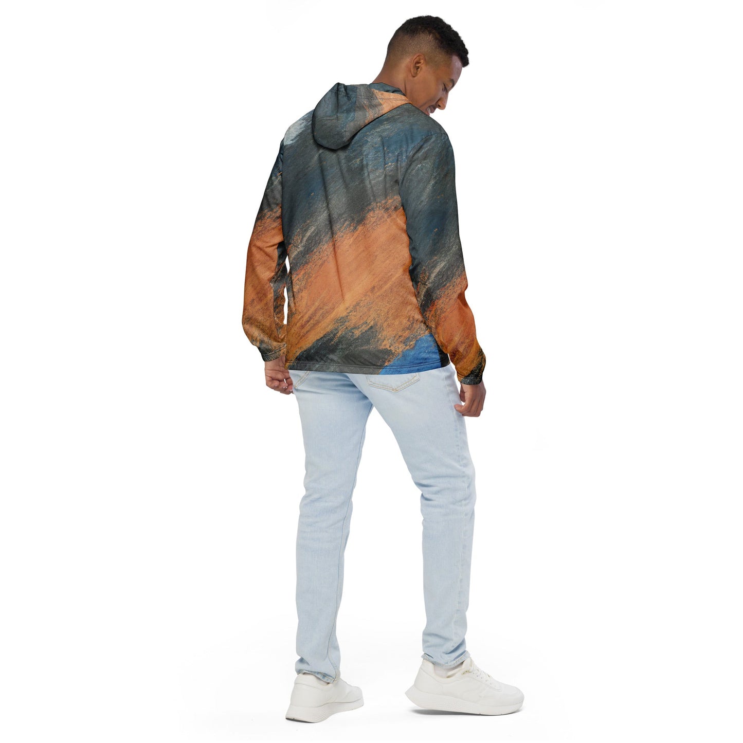 Mens Hooded Windbreaker Jacket - Blue Orange Abstract Pattern