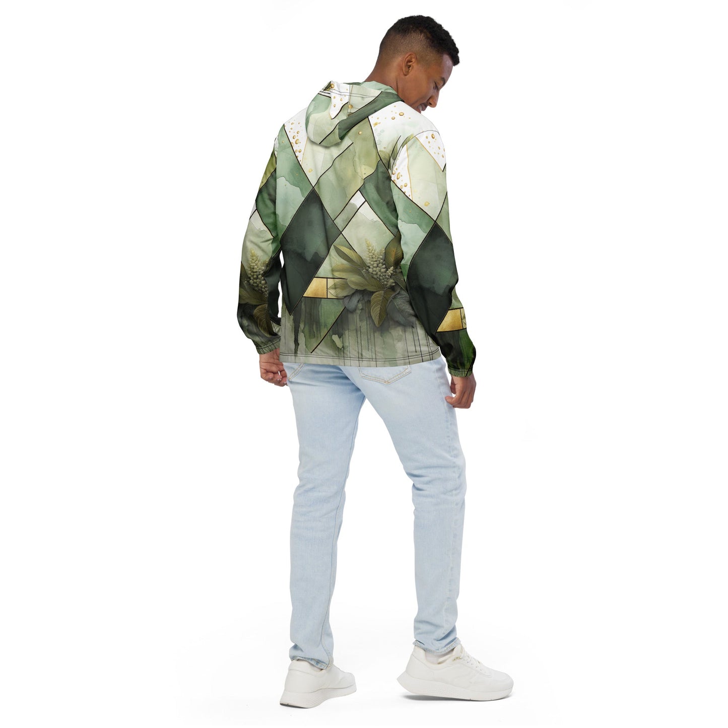 Mens Hooded Windbreaker Jacket - Olive Green Mint Leaf Geometric Print