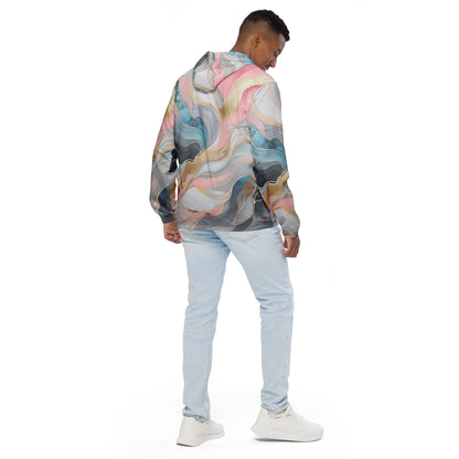 Mens Hooded Windbreaker Jacket - Marble Cloud of Grey Pink Blue 82395