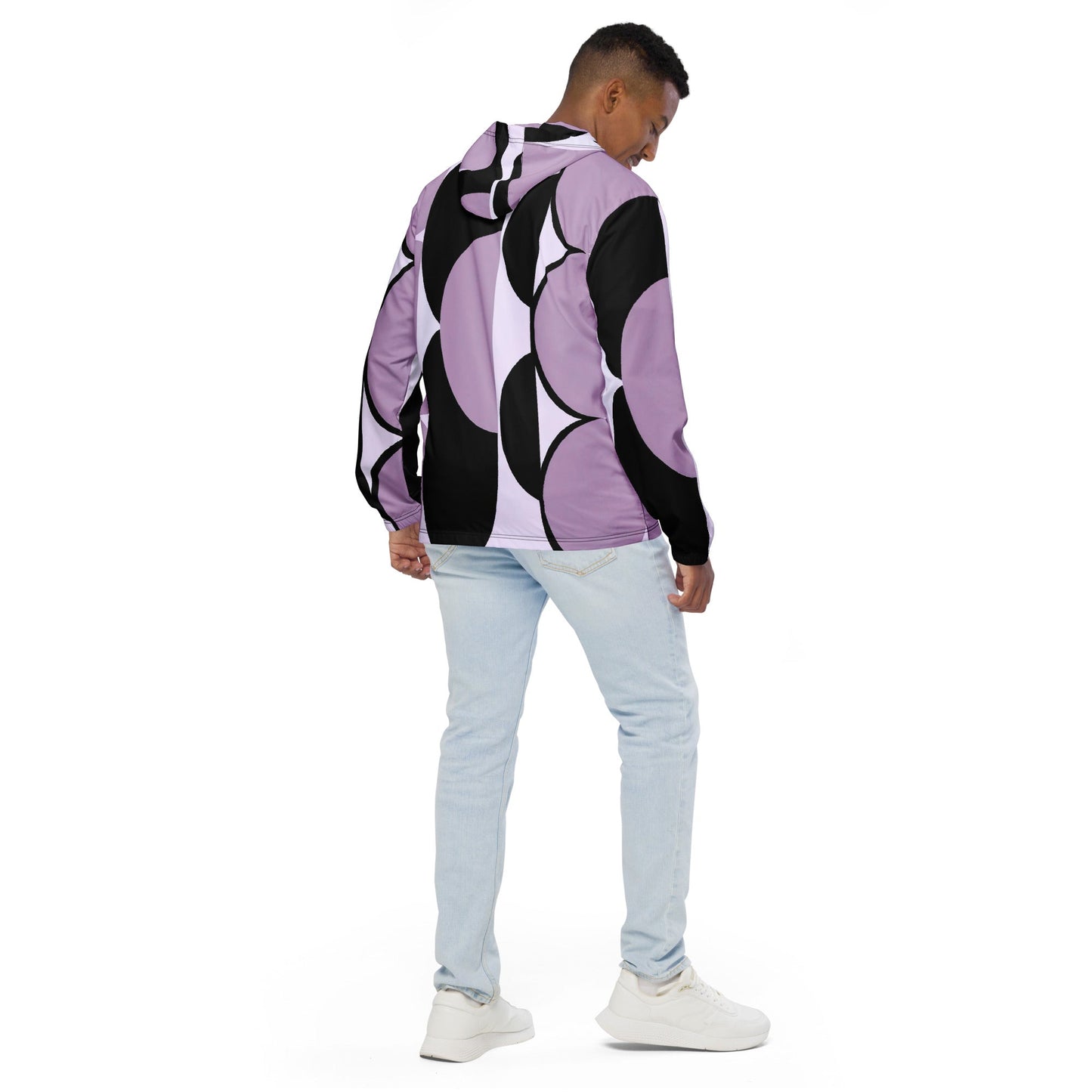 Mens Hooded Windbreaker Jacket - Geometric Lavender and Black Pattern