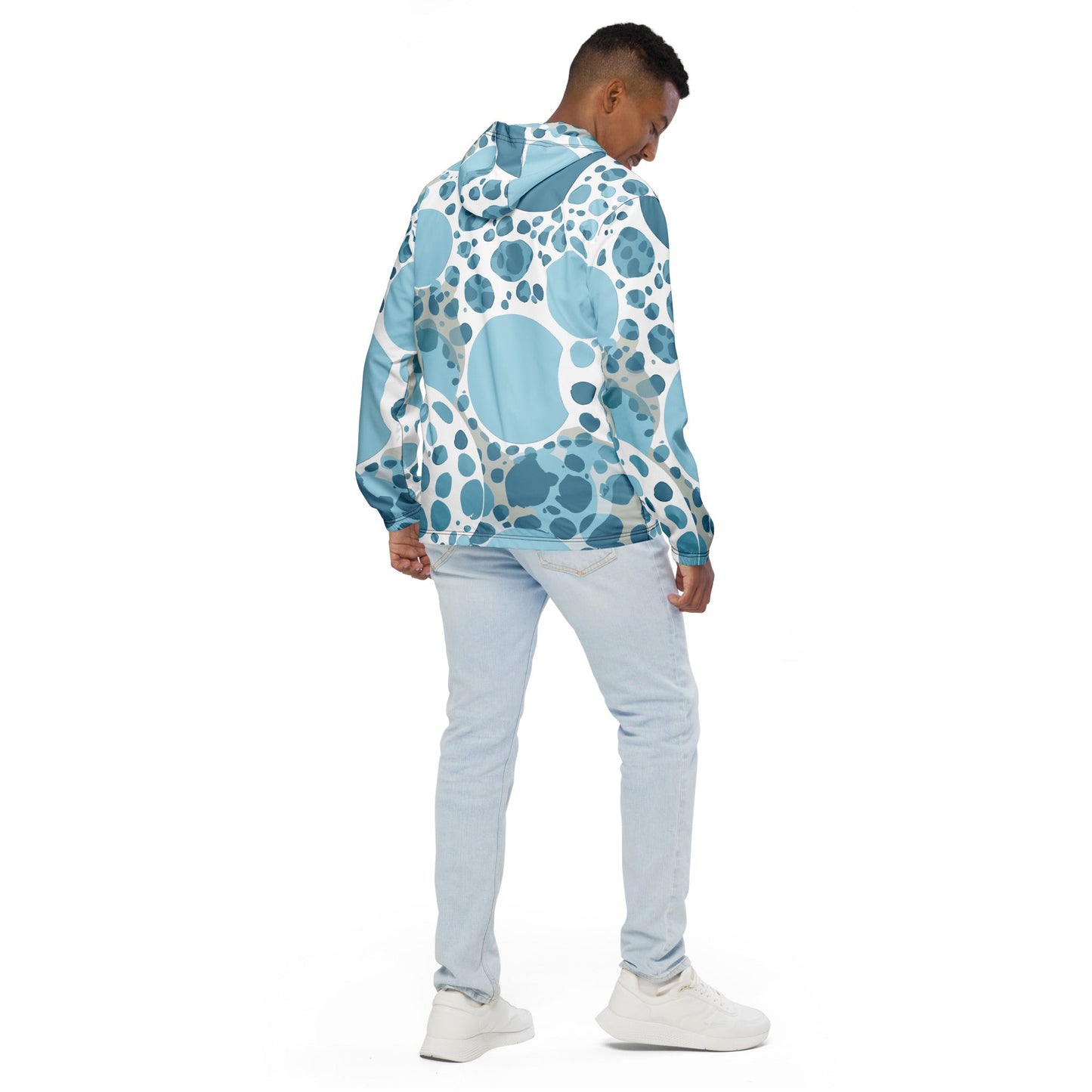 Mens Hooded Windbreaker Jacket - Blue and White Circular Spotted