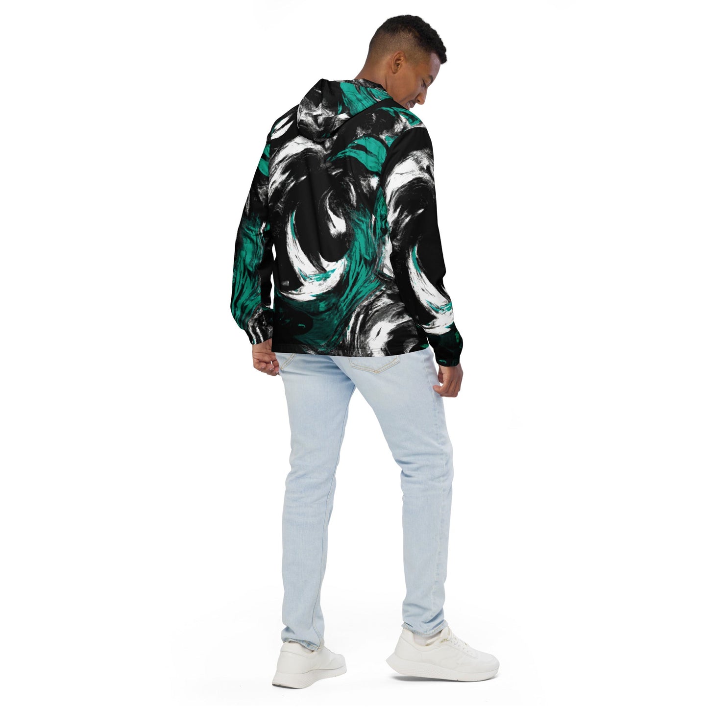 Mens Hooded Windbreaker Jacket - Black Green White Abstract Pattern