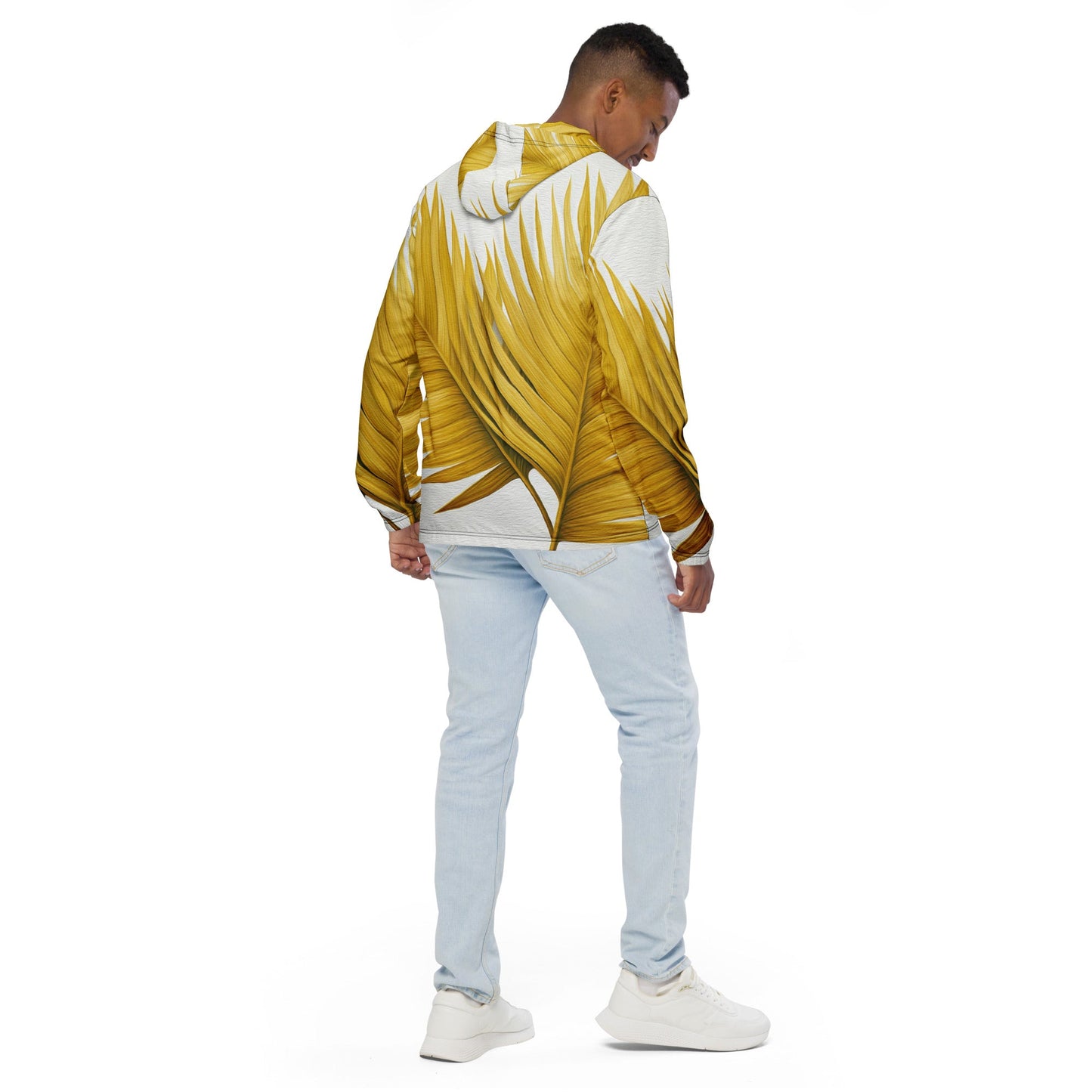 Mens Hooded Windbreaker Jacket - Yellow Palm Leaves