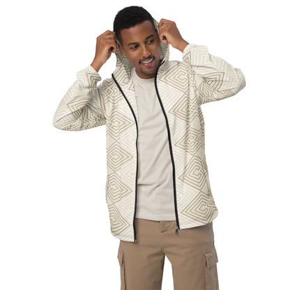 Mens Hooded Windbreaker Jacket - Beige Brown Aztec Geometric Lines