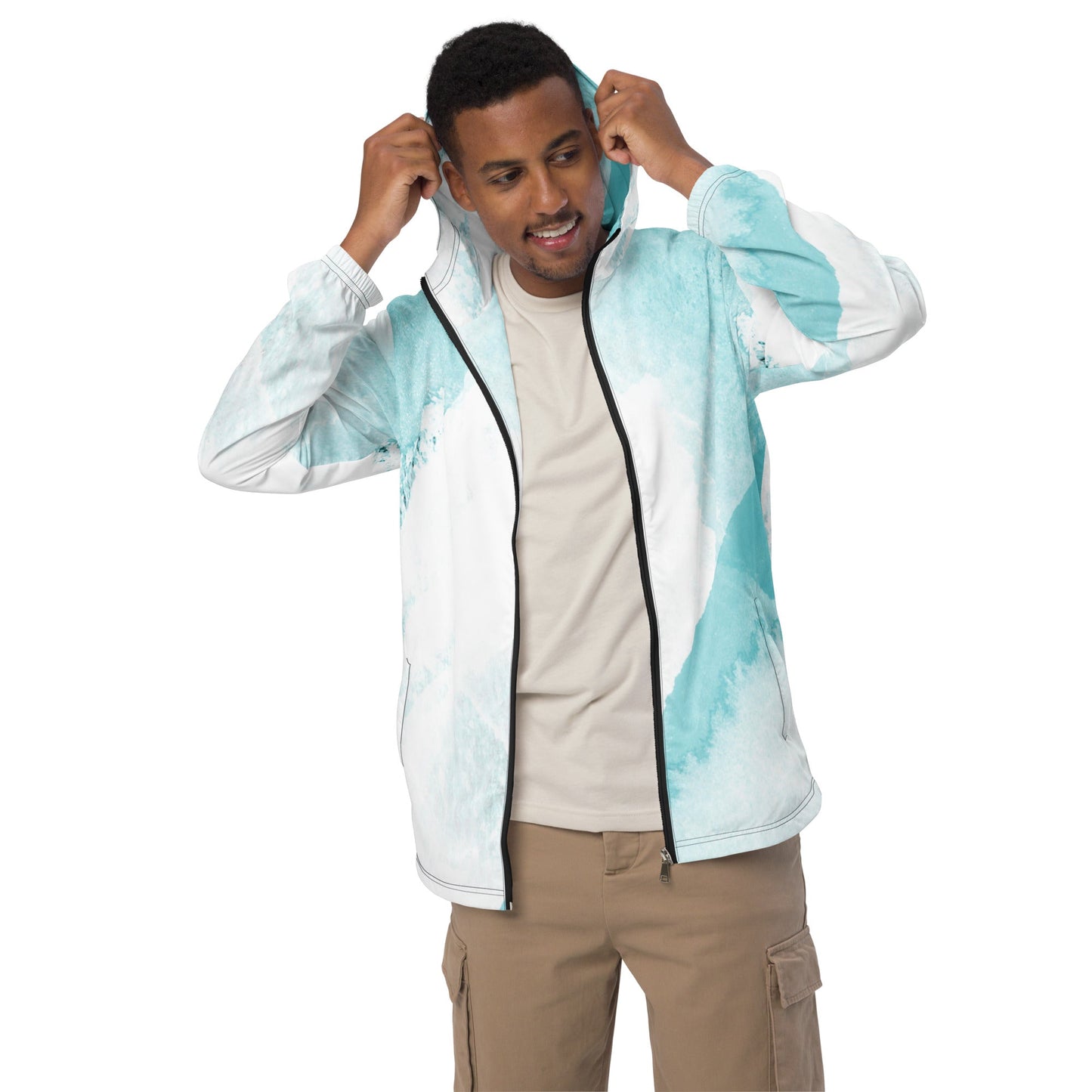 Mens Hooded Windbreaker Jacket - Subtle Abstract Ocean Blue and White