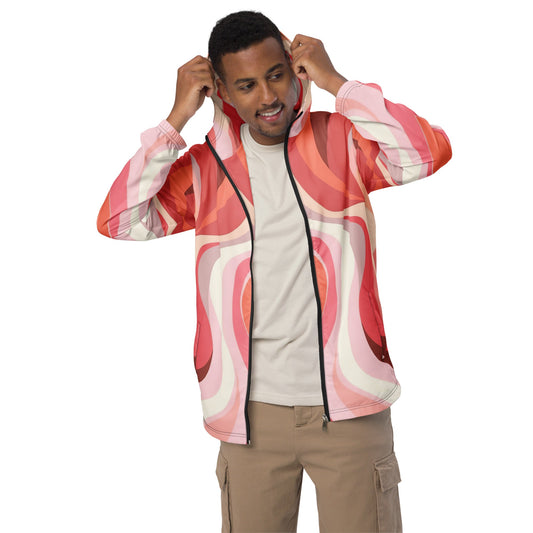 Mens Hooded Windbreaker Jacket - Pink White Boho Swirl Lines