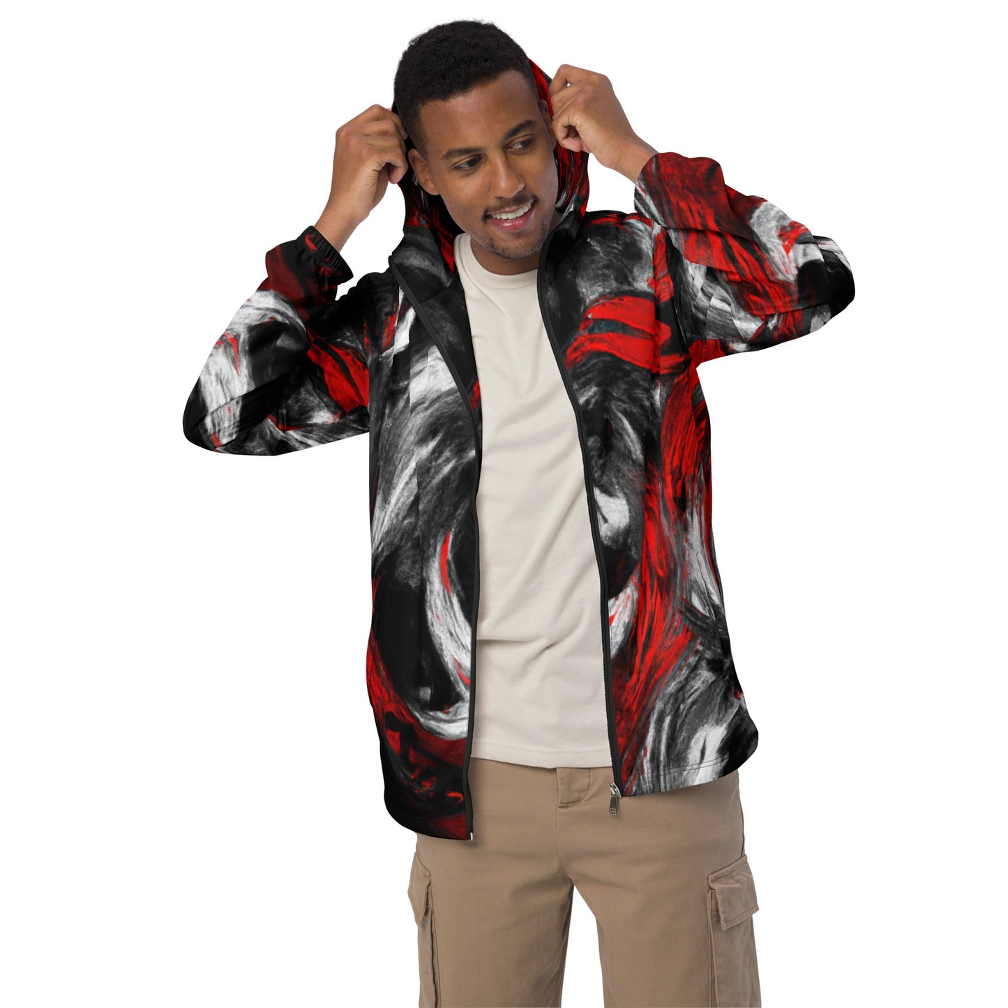 Mens Hooded Windbreaker Jacket - Decorative Black Red White Abstract