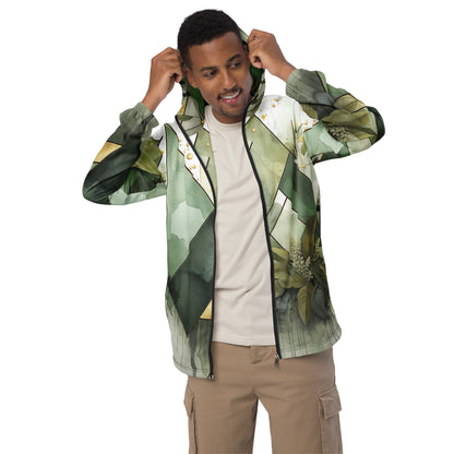 Mens Hooded Windbreaker Jacket - Olive Green Mint Leaf Geometric Print