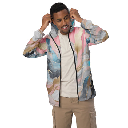 Mens Hooded Windbreaker Jacket - Marble Cloud of Grey Pink Blue 82395