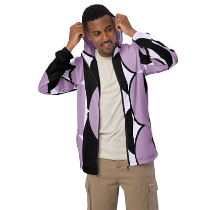 Mens Hooded Windbreaker Jacket - Geometric Lavender and Black Pattern