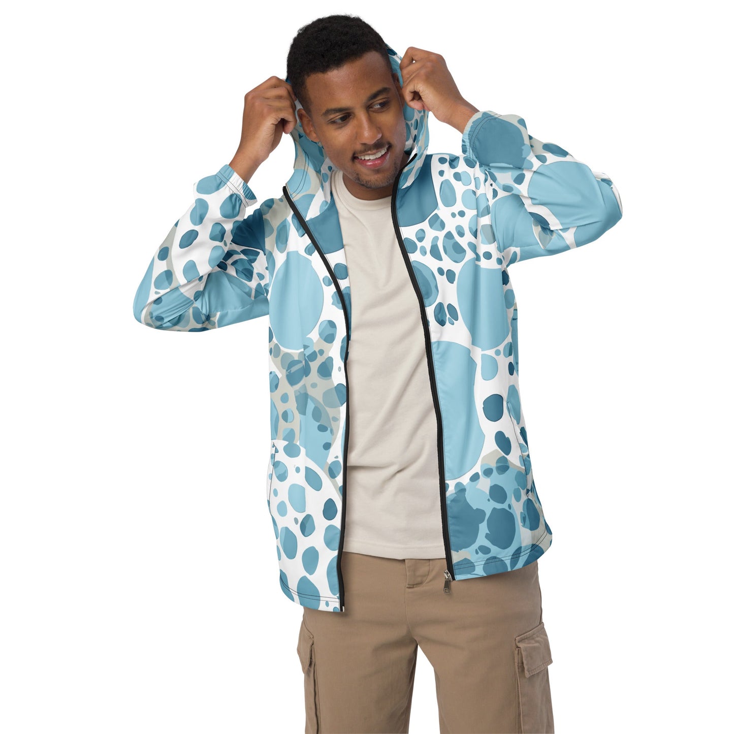 Mens Hooded Windbreaker Jacket - Blue and White Circular Spotted